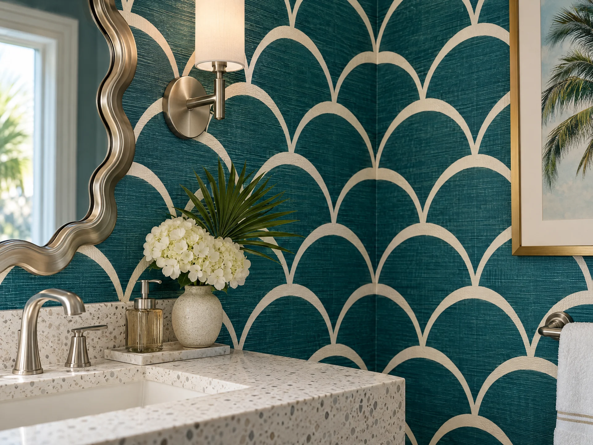 Deep teal and cream scallop wallpaper aligned at a powder-room corner