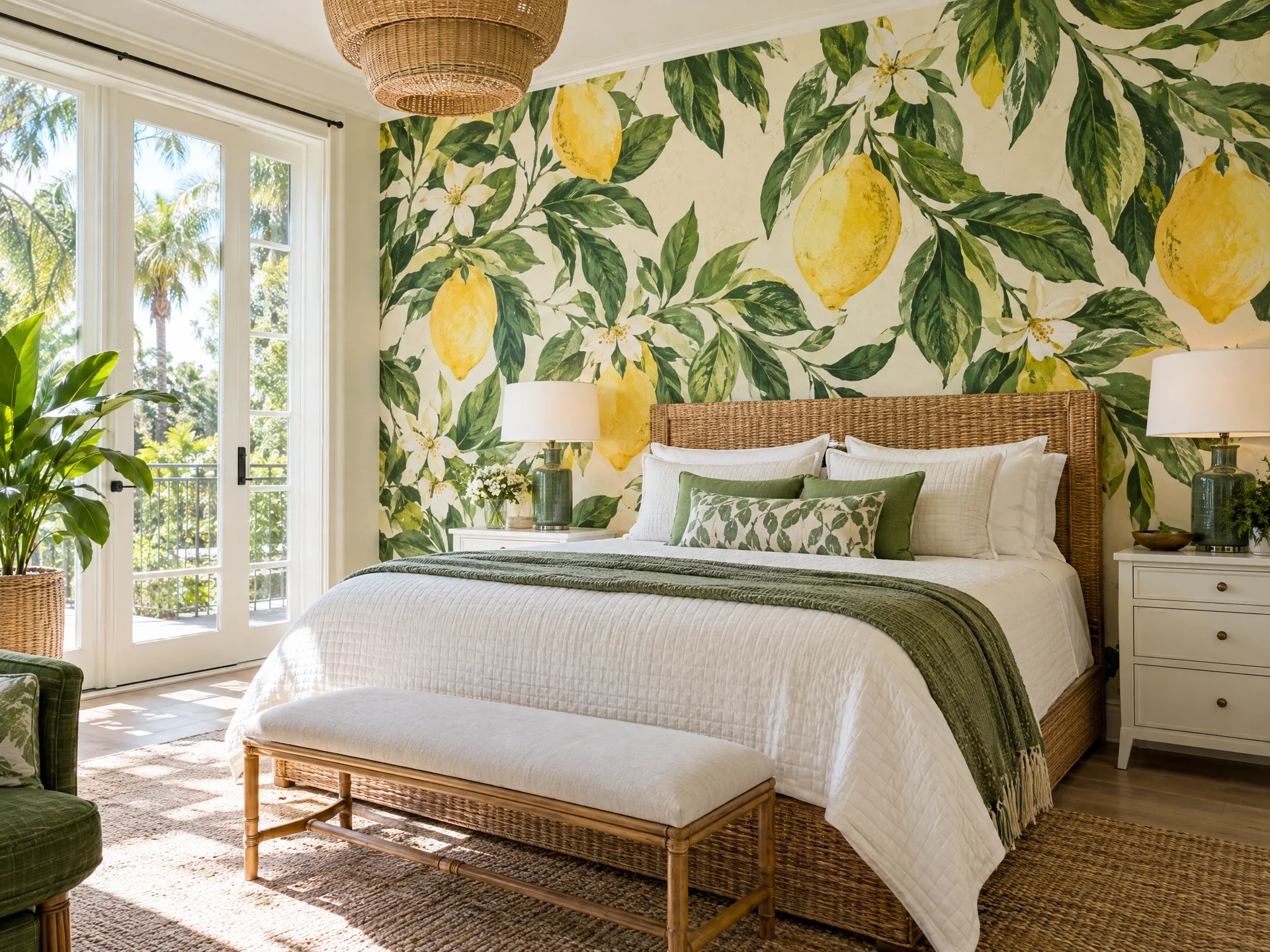 Citrus botanical mural covering the wall of a bright bedroom